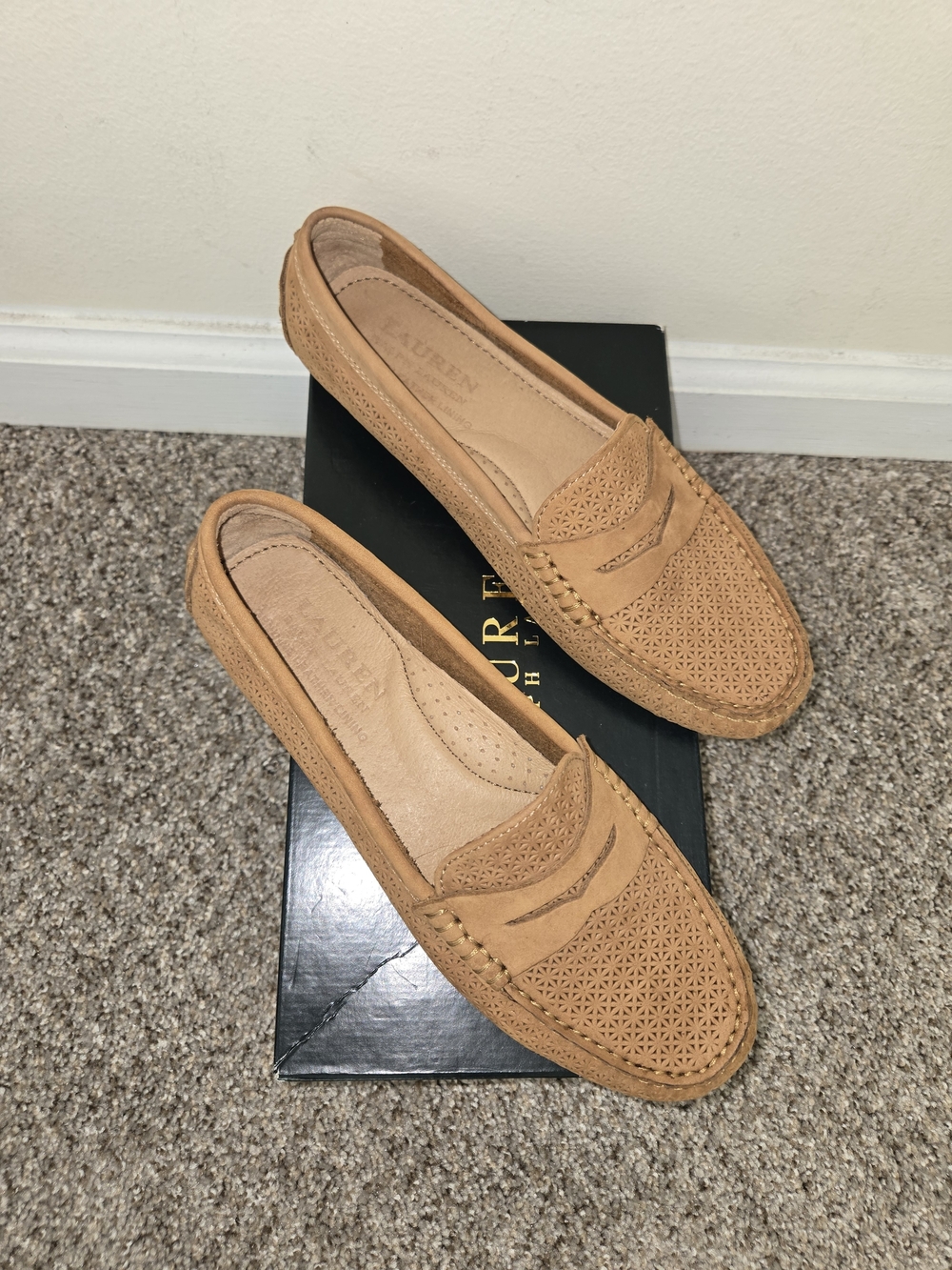 Ralph Lauren Camila Tan Perforated Penny Loafers for Women